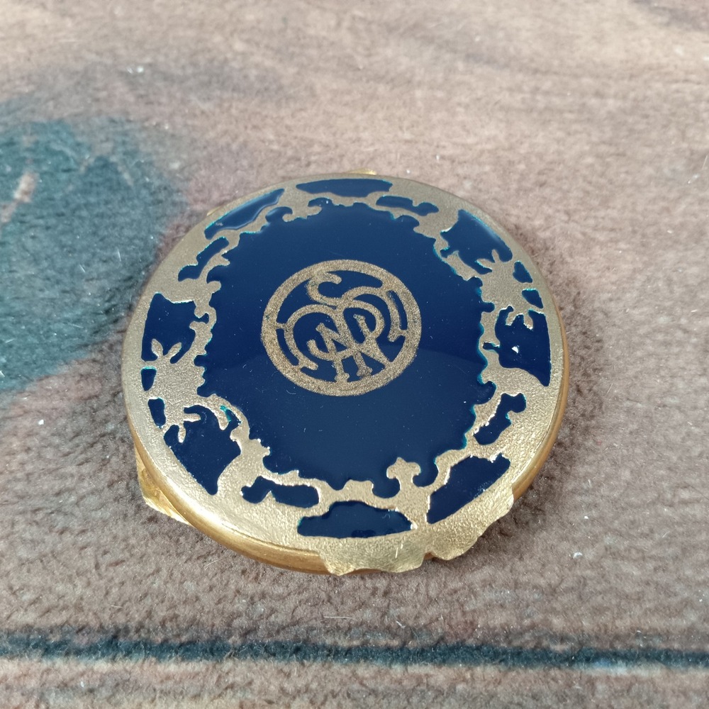 Vintage Compact Mirror Gold Tone Blue Enamel Decorative Floral Design